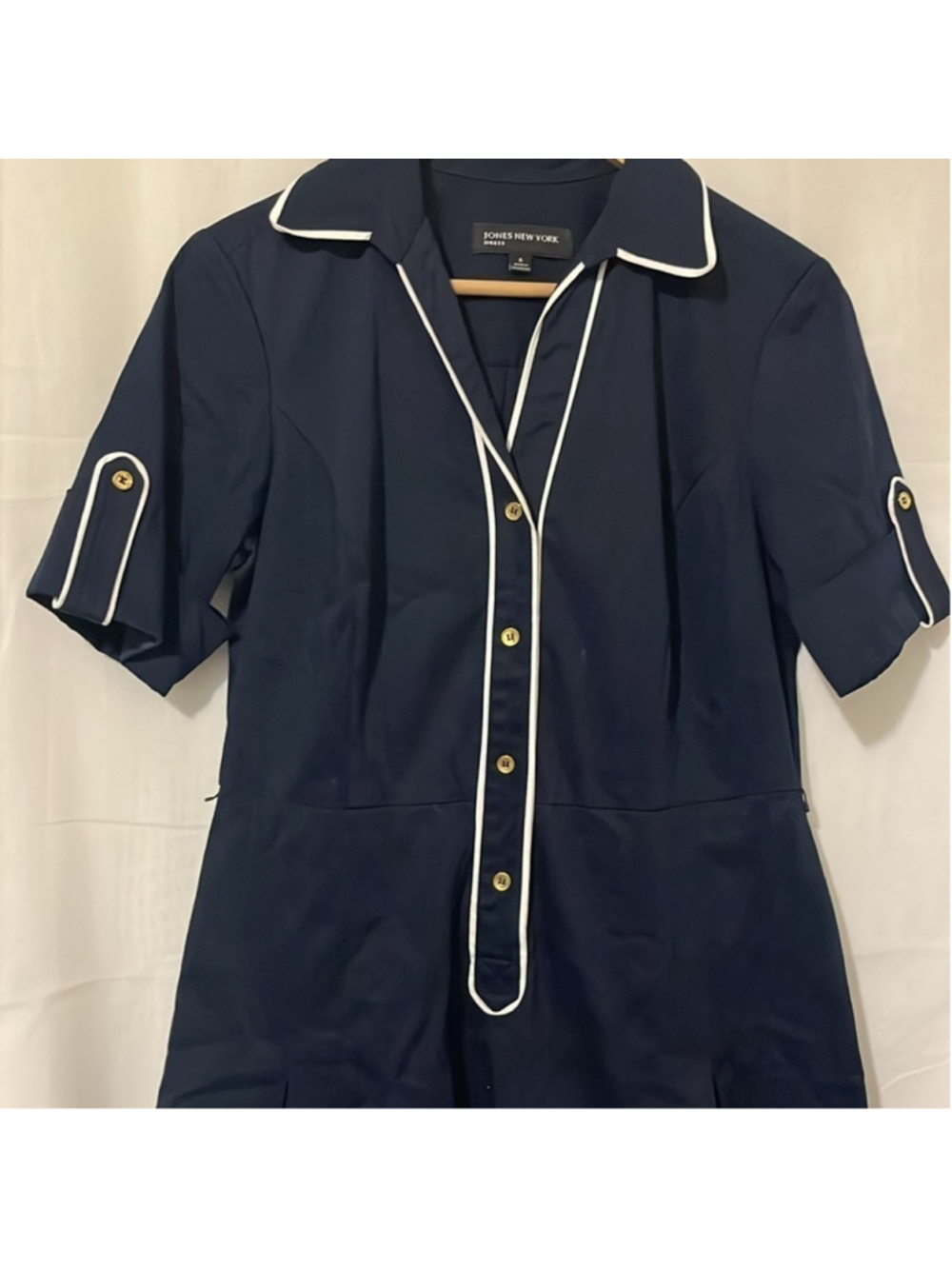 Jones New York Navy Blue Sea Collared Midi Dress with Pleated Skirt a136 - Picture 4 of 5